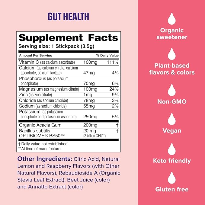 Ultima Replenisher Gut Health Supplement and Electrolytes Powder - Raspberry Lemonade, 14 Stickpacks - Hydration Packets with Added Gut Health Benefits