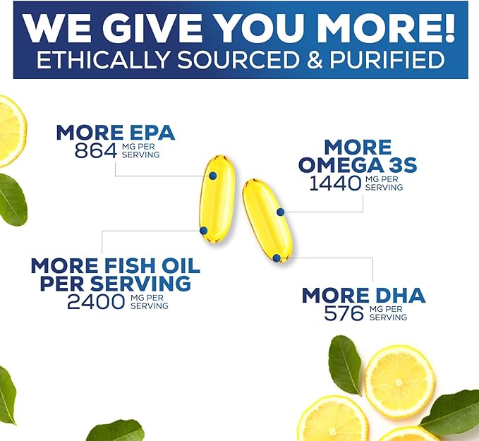 Omega 3 Fish Oil Supplements - 2400mg Fish Oil Per Serving - Triple Strength Omega-3 with EPA & DHA Fatty Acids - Natural Heart, Brain & Immune Support - Wild Caught, Bottled in USA - 120 Softgels