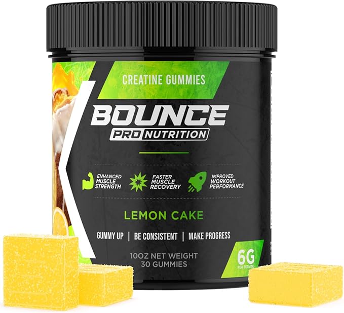Bounce Pro Creatine Monohydrate Gummies for Men & Women, Low Calorie, 6G of Creatine per Serving, Vegan, Anti-Melting, Gluten-Free, Non-GMO (30 Count (Pack of 1), Lemon Cake)