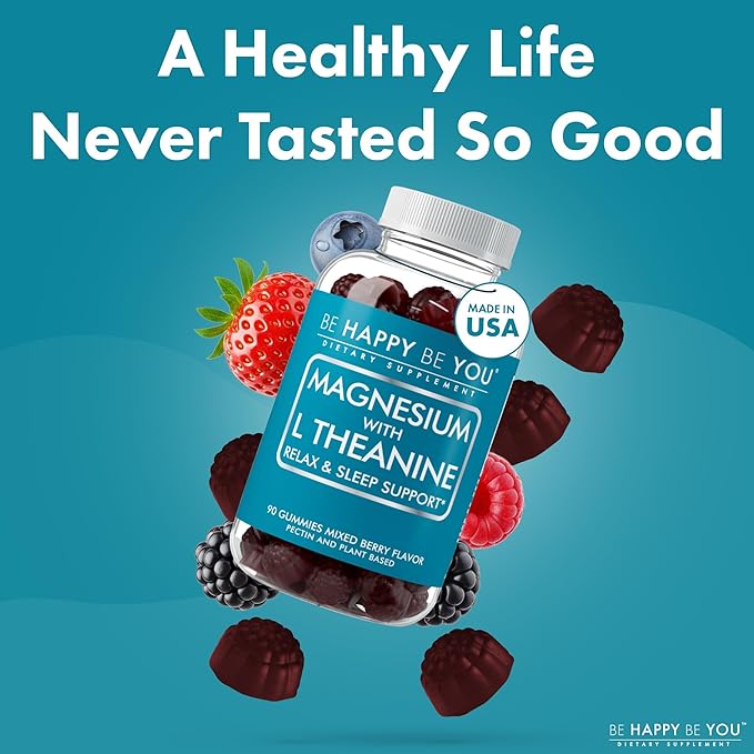 Magnesium Glycinate Gummies with L-Theanine – Relaxation & Sleep Support – Vegan, Gelatin-Free, Mixed Berry Flavor – Magnesium Supplement – 90 Ct