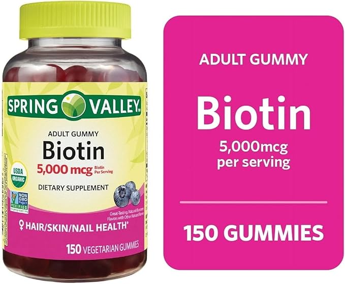 Spring Valley Biotin 5000mcg- Blueberry Flavor, Hair Skin and Nails 150 Gummies (Pack of 1), Set by Basket Goods