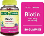 Spring Valley Biotin 5000mcg- Blueberry Flavor, Hair Skin and Nails 150 Gummies (Pack of 1), Set by Basket Goods