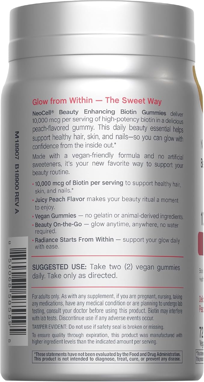 NeoCell biotin 10000mcg Gummies | 72 Count | Beauty Enhancing Supplement | Hair, Skin, and Nails | Peach Flavor