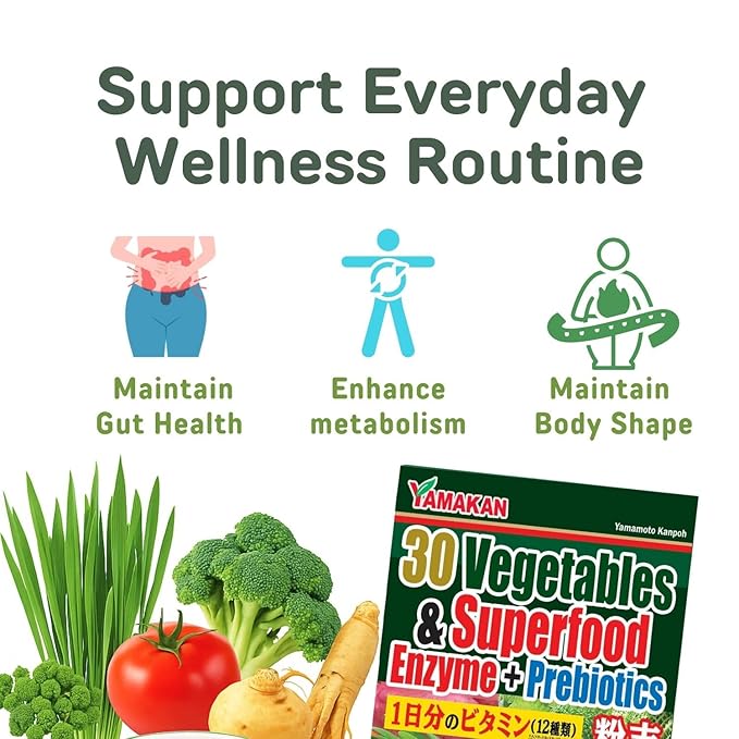 Yamamoto Kanpoh YAMAKAN Natural Digestive Enzymes with Prebiotic Powder, 12 Mixed Vitamins & Super Greens Powder Blend, Barley Grass Juice Superfood for Gut Health from Japan, 32 Packets