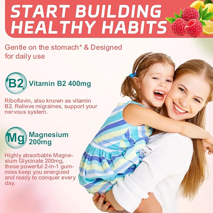 Vitamin B2 Gummies - Riboflavin 400mg Supplement with Magnesium for Adults, B2 Gummies for Migraine Relief* & Nervous System Support* - Vegan, Sugar-Free, Raspberry-Lemon Flavor, 60 Count