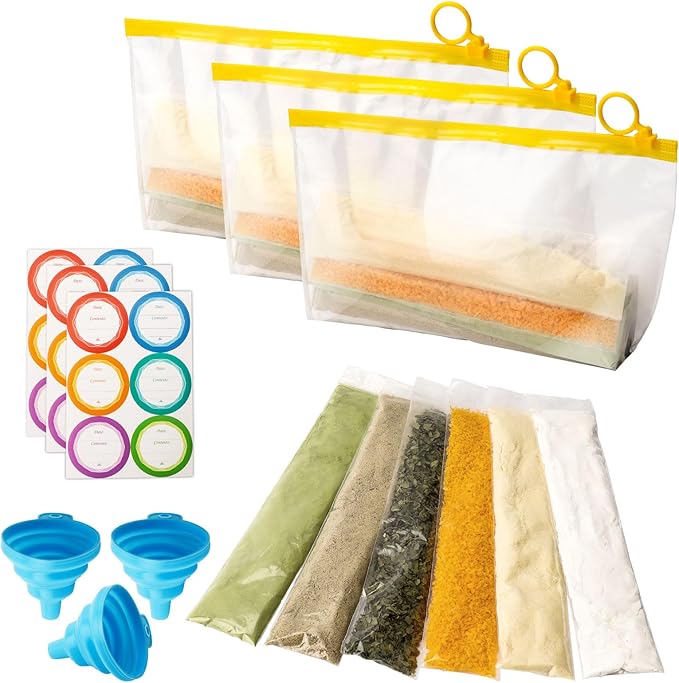 WALLFID Protein Powder Travel Container Set,Portable Powder Supplement Container,50pcs (1.78" x 8.7") Disposable Single-Dose Bags and 3pcs (9.9" x 5.6") Large Container Zipper Bags for Fitness,Travel