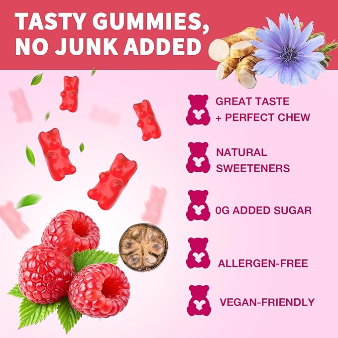 Fiber Gummies for Digestive Health & Regularity, Sugar-Free High Fiber Supplement for Adults & Kids, Soluble Dietary Fiber, Vegan Fiber Supplements for Men & Women, 60 Count