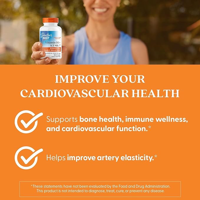 Doctor's Best Vitamin D3 5,000 IU + K2 MK-7 100 mcg, Supports Bone, Teeth & Muscle Health, and Heart Health, Non-GMO, Gluten Free, 180 Softgels