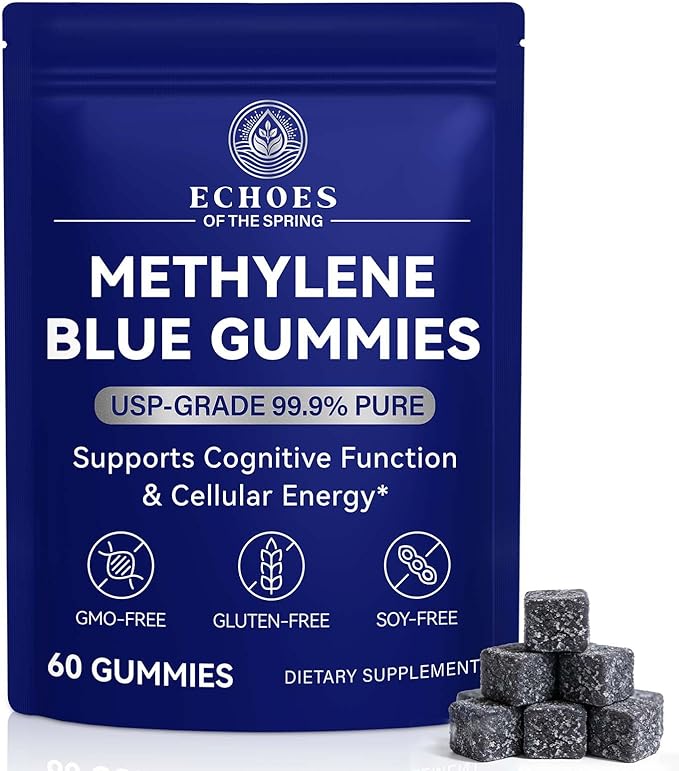 Methylene Blue Gummies 60 Count, 5mg Per Gummy, 99.9% Pure Methylene Blue Supplement, Supports Cognitive Function, Mental Focus & Cellular Energy, Antioxidant Support, Vegan Non-GMO Daily Supplement