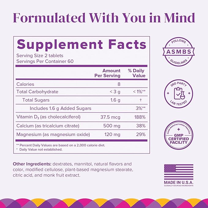 BariMelts Calcium Citrate with Vitamin D3 & Magnesium, 120 Smooth-Dissolving Tablets (1-Month Supply), Bariatric Calcium Supplements for Women, Natural Berry Flavor
