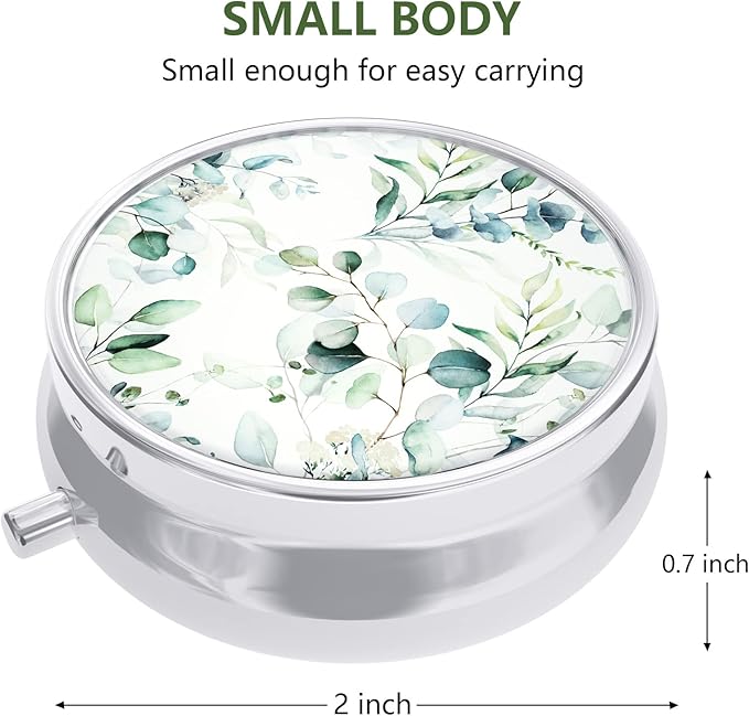 Nipichsha Pill Box, Small Pill Case for Purse & Pocket, Cute Travel Medicine Organizer, Portable Medicine Container Holder to Hold Vitamins, Medication, Fish Oil & Supplement, Eucalyptus Leaf