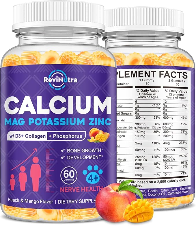 Calcium Potassium Magnesium Gummies for Kids & Adults, Magnesium Potassium Calcium Supplement for Kids, Sleep, Bone Strength, Density Support, Sugar Free, Juice Peach & Mango Flavor, 60 Gummies