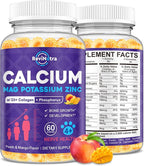 Calcium Potassium Magnesium Gummies for Kids & Adults, Magnesium Potassium Calcium Supplement for Kids, Sleep, Bone Strength, Density Support, Sugar Free, Juice Peach & Mango Flavor, 60 Gummies