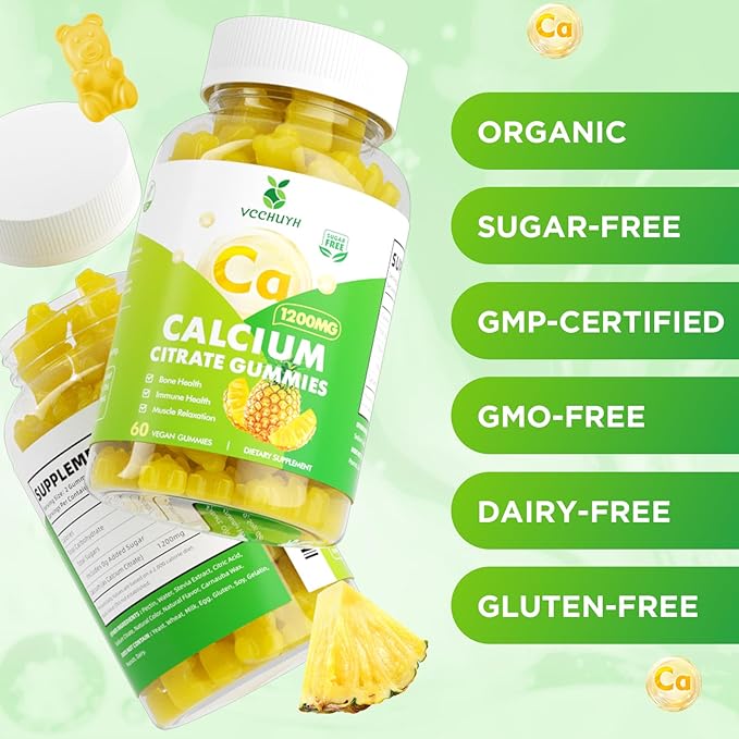 Calcium Citrate Gummies 1200 mg, Sugar Free Calcium Gummies for Adults & Kids, Chewable Calcium Supplements for Women, Bone & Immune Support, Pineapple Flavor 60 Count