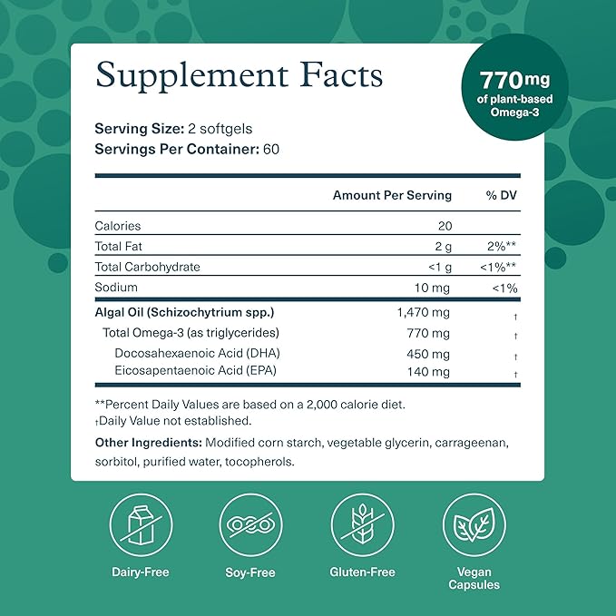 Youtheory Ocean-Friendly Omega - Vegan Algae Omega 3 Softgel - with EPA & DHA - Heart, Eye & Brain Health - Recyclable Aluminum Container - Gluten, Soy & Dairy Free - 120 Softgels