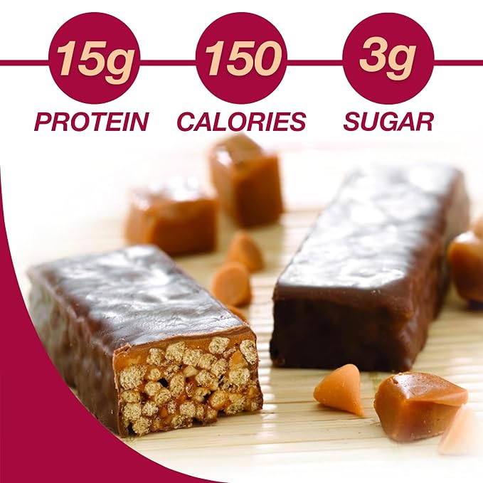 ProtiDIET Peanut Butter and Smooth Caramel Crisp Protein Bar - Gluten Free and GMO Free High Protein Snacks for Adults, Perfect On the Go Meal Replacement Bars - 7 High Protein Bars Per Box