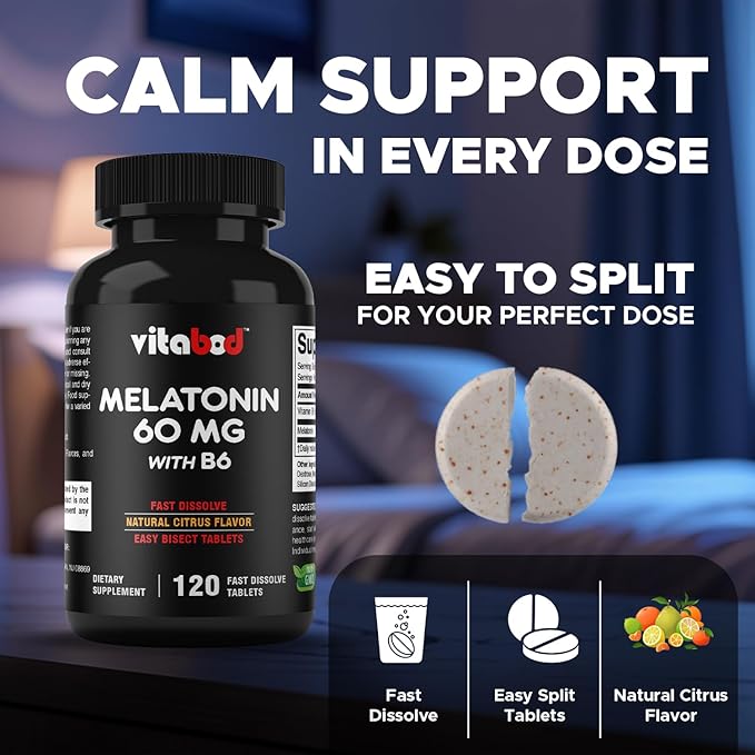 Melatonin 60 mg with Vitamin B6 – 120 Fast Dissolve Tablets Extra-Strength Sleep Support – Drug-Free – Natural Citrus Flavor – Vegetarian, Non-GMO, Gluten-Free