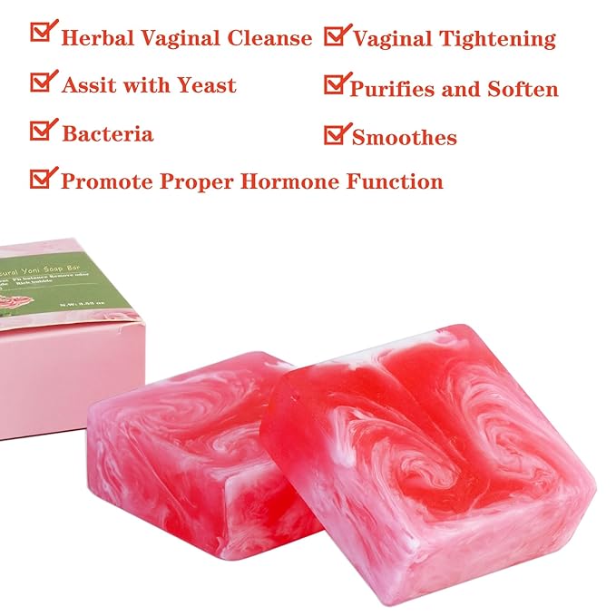 2 PCS Yoni Soap Bars for Women, 100% Handmade Natural PH Balanced & V Cleansing Soap for Women, All Natural Odor Remover with Bubble Foam Net, Yoni Wash Away Odor Deodorant 3.53oz/100g (pink)