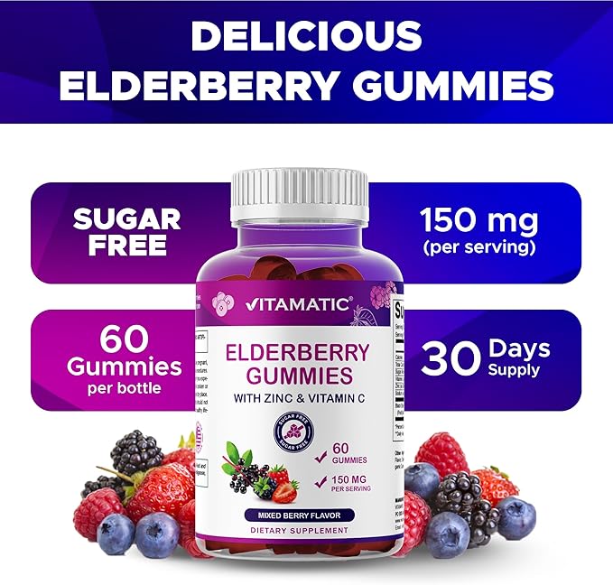 Vitamatic Elderberry Gummies with Vitamin C & Zinc – Immune Support Supplement – Mixed Berry Flavor– 60 Gummies – Made in The USA, Vegan, Non-GMO, Gluten-Free - 2 Pack