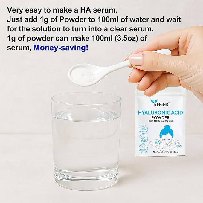 100% Pure Hyaluronic Acid Powder | High Molecular Weight Hyaluronic Acid Serum Powder | 60g(2.12oz) Cosmetics Grade | Sodium Hyaluronate | HMW Hyaluronic Acid ingredient for DIY Serums