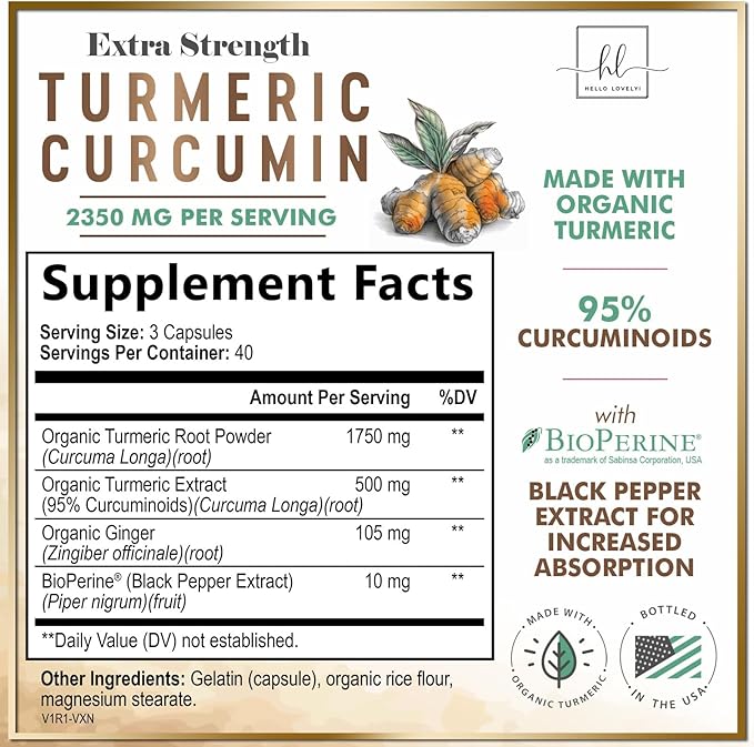 Turmeric Curcumin Supplement with 95% Curcuminoids, Organic Turmeric & Ginger 1750mg, BioPerine Black Pepper for Best Absorption, Nature's Vegan Joint Support, Non-GMO, Bottled in USA - 120 Capsules