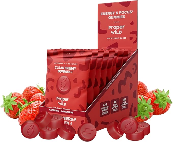 Proper Wild Energy Chews & Gummies for Focus & Clean Energy, Vegan with L-Theanine & Organic Caffeine, Plant-Based, Gluten-Free, Non-GMO, Strawberry (10-Pack)