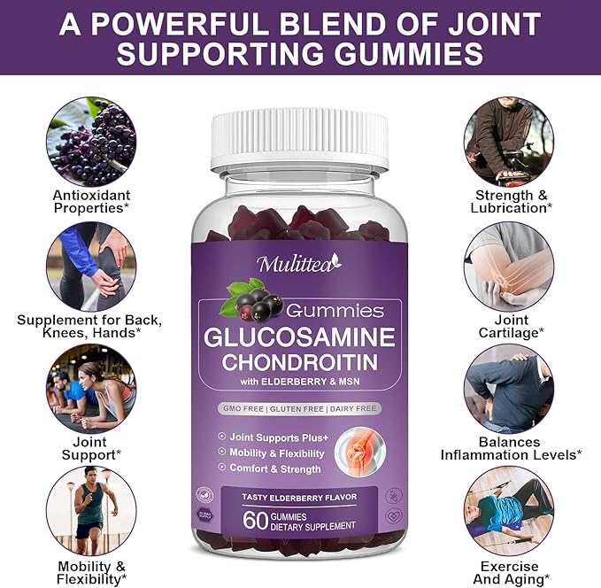 Mulittea Glucosamine Chondroitin Gummies - Extra Strength Joint Support Supplement with MSM & Elderberry for Natural Joint, Antioxidant Immune Support for Adults, Men & Women-(2 Pack)
