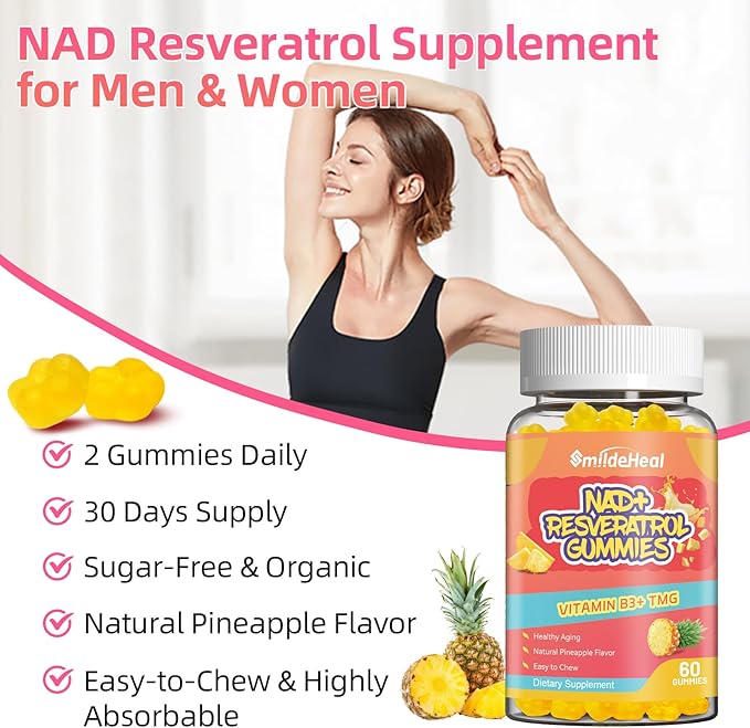 NAD+ Resveratrol Gummies NAD+ Supplement 500mg with Vitamin B3 & TMG – Healthy Aging, Energy & Cellular Health Support – Vegan Friendly, Natural Pectin – 60 Gummies, 30-Day Supply