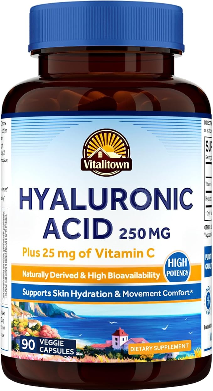 Vitalitown Hyaluronic Acid Supplements 250 mg, Plus 25 mg Vitamin C, Naturally Derived & High Bioavailability, Skin Hydration, 90 Vegan Capsules, 3 Month Supply