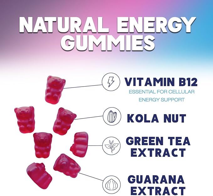 Energy Gummies - Vitamin B12 1000 mcg Per Serving - Daily Energy Gummy with Natural Caffeine from Green Tea, Berry Flavor B12 Chewable Exercise Supplement for Running Cycling & Sports - 120 Gummies