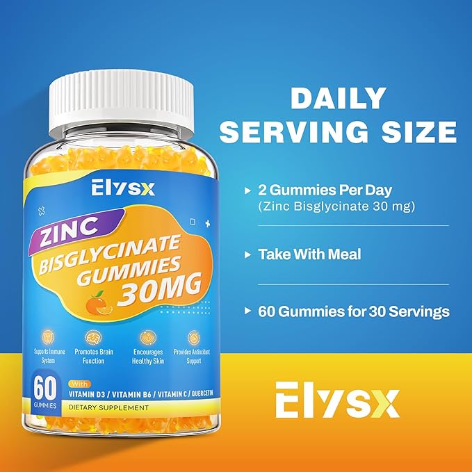 Zinc Glycinate 30 mg Gummies, Chewable Zinc Supplement for Women & Men, with Vitamin C, D3 & B6, Quercetin, Immune System Support, Skin Health & Antioxidant, Natural Fruit Flavor, 60 Ct