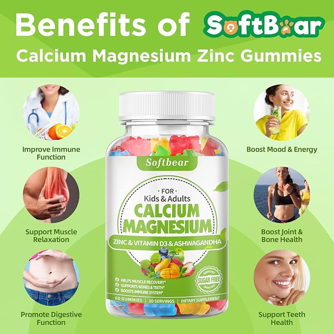 softbear Calcium Magnesium Zinc Gummies for Adult & Kids, Suagr-Free Calcium Magnesium Zinc Vitamin D3 Supplement for Bone Strength & Immune Health, Mixed Fruit Flavor 120 Count