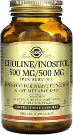 Solgar Choline/Inositol 500 mg/500 mg, 100 Vegetable Capsules - Energy Metabolism, Liver Health, Essential for Brain & Nerve Function - Non-GMO, Vegan, Gluten Free, Dairy Free, Kosher - 50 Servings