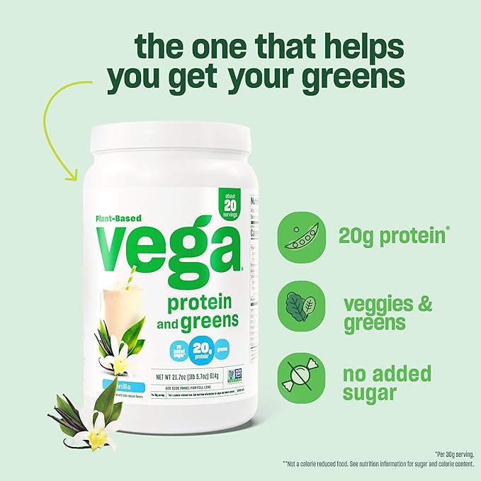 Vega Protein and Greens Protein Powder, Vanilla - 20g Plant Based Protein Plus Veggies, Vegan, Non GMO, Pea Protein for Women and Men, 21.7 Ounce (Packaging May Vary) (Pack of 1)