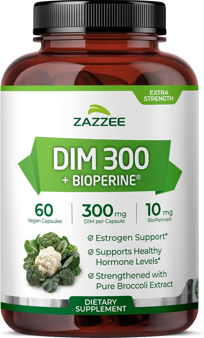 Zazzee DIM 300 mg Per Capsule, 60 Count, Plus 10 mg BioPerine, Estrogen Balance, Hormonal Acne, Menopause Support, Hormonal Balance, Diindolylmethane, Vegan, All-Natural, Non-GMO, Made in The USA