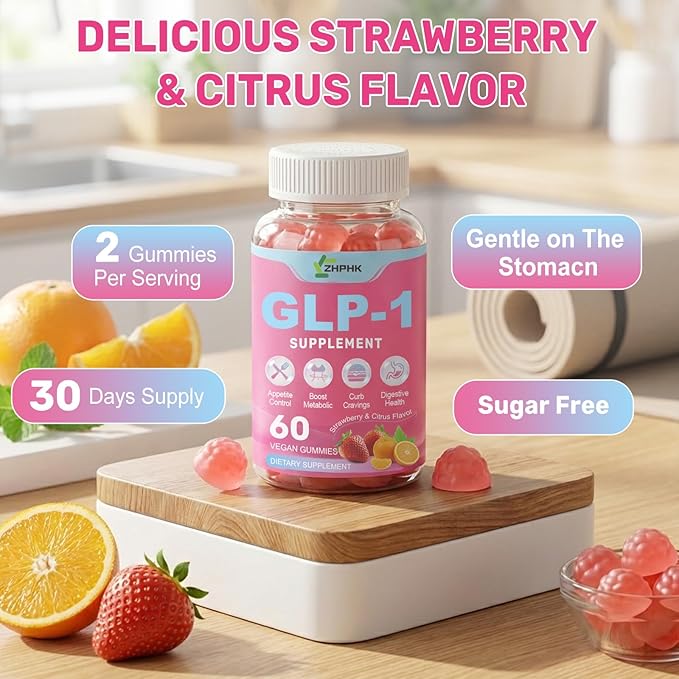 ZHPHK GLP-1 Support Gummies, Sugar-Free with Berberine, Cinnamon, Turmeric, Raspberry Ketone, Resveratrol, Appetite & Craving Control, Metabolism Digestion & Gut, No Stomach, 60 Count