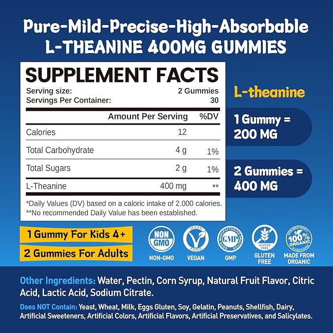 duwhot L Theanine Gummies, 200/400mg L-Theanine Supplement for Adults & Kids, Natural Stress Relief, Relaxation, Zzz & Focus Support Gummy, Organc,Vegan, Low Sugar,Non-Drowsy,Lemon Flavor,60 Chewables