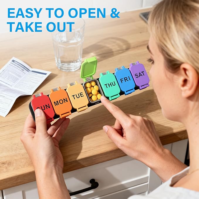 Extra Large Weekly Pill Organizer 7 Day - Portable Daily Pill Box with 7 Detachable Compartments, Vitamin Holder and Medicine Organizer for Supplements, Home and Travel, Rainbow