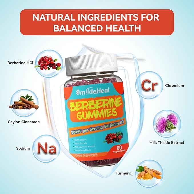 Berberine Gummies 1200mg with Ceylon Cinnamon 200mg, Milk Thistle Extract & Turmeric, Vegan Berry Flavor, Non-GMO, Gelatin-Free, Gluten-Free, 60 Count