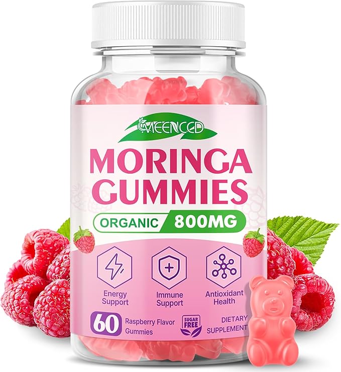 Moringa Gummies - Pure Moringa Leaf Supplement for Adults, Contains Essential Vitamins, Antioxidants & Amino Acids, Sugr-Free, Raspberry Flavor, 60 Count