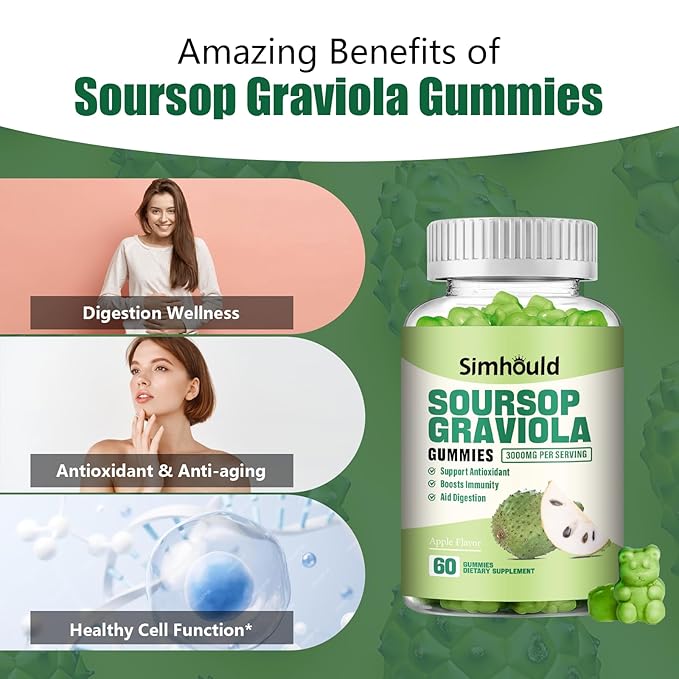 Simhould 2 Pack Soursop Graviola Gummies - 3000mg Extra Strength Soursop Leaves Supplement with Vitamin C, Zinc - Digestive Aid, Immune Support & Antioxidant - Sugar-Free, Non-GMO, Vegan, 120 Counts