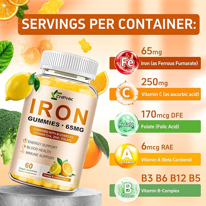 Iron Supplement Gummies, 65mg Iron and 250mg Vitamin C for Women Men Kids, Natural Vegan with Vitamin A, B-Complex, Biotin, Zinc & Folate Energy Support & Immune Health, 60 Count