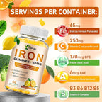 Iron Gummies Vitamin Supplement 65mg & Vitamin C 250mg per Serving with B6 B12 Folate- Energy Support for Iron Deficiency, Anemia, Vegan Orange & Lemon Flavor, 120 Count