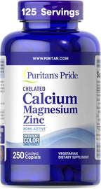 Puritan's Pride Premium Chelated Calcium Magnesium Zinc with Bone-Active™, Dietary Supplement for Bone Health and Immune Function Support, 250 Coated Caplets