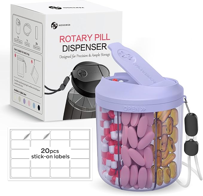 HIONXMGA Pill Organizer with 7 Large Compartments, Pill Dispenser for Travel, Supplement Organizer with Anti-Mixing Design, BPA-Free Pill Container with 20 Pcs Labels, Purple