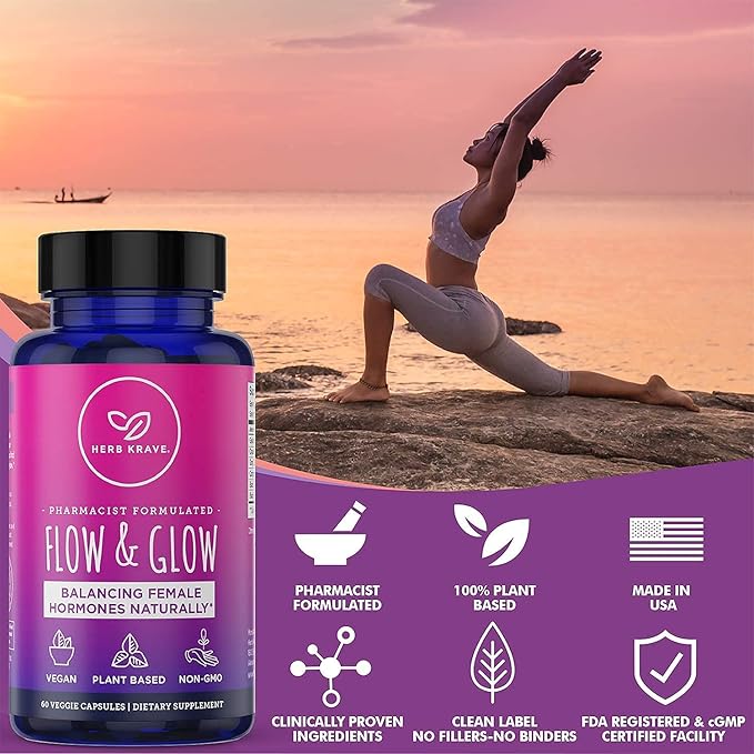 Flow and Glow Natural Hormone Balance for Women - PMS & Menopause Relief for Cramps, Mood Swings & Night Sweats with Donq Quai & Black Cohosh for Menopause - 60 Vegan Capsules (2 Pack)