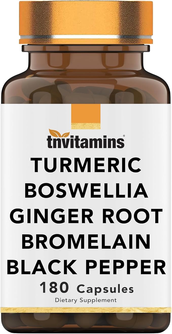 tnvitamins Turmeric & Boswellia Complex (180 Capsules) with Ginger Root, Bromelain, & Black Pepper Extract | Joint-Ease Formula: Powerful Joint Support Supplement* | Produced in The USA