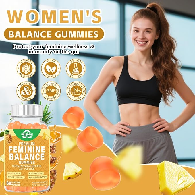 Feminine Probiotics Gummies, Vaginal Health & Women's pH Balance Gummy Supplement with Cranberry Pineapple Powder, Sugar Free Vegan, 60 Count (Pineapple)