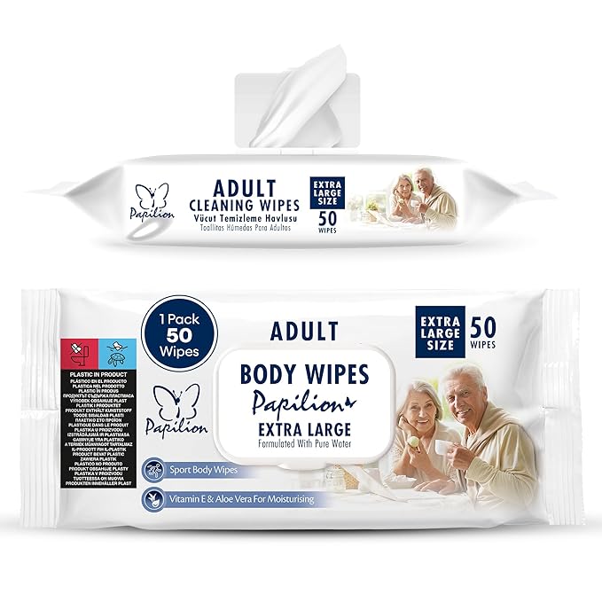 PAPILION Adult Body Cleaning Wipes, Extra Large Disposable Washcloths with Aloe Vera & Vitamin E, No-Rinse Cleansing for Senior Care, Bed Bath, Travel, Incontinence Care, Flip-Top Pack, 50 Count