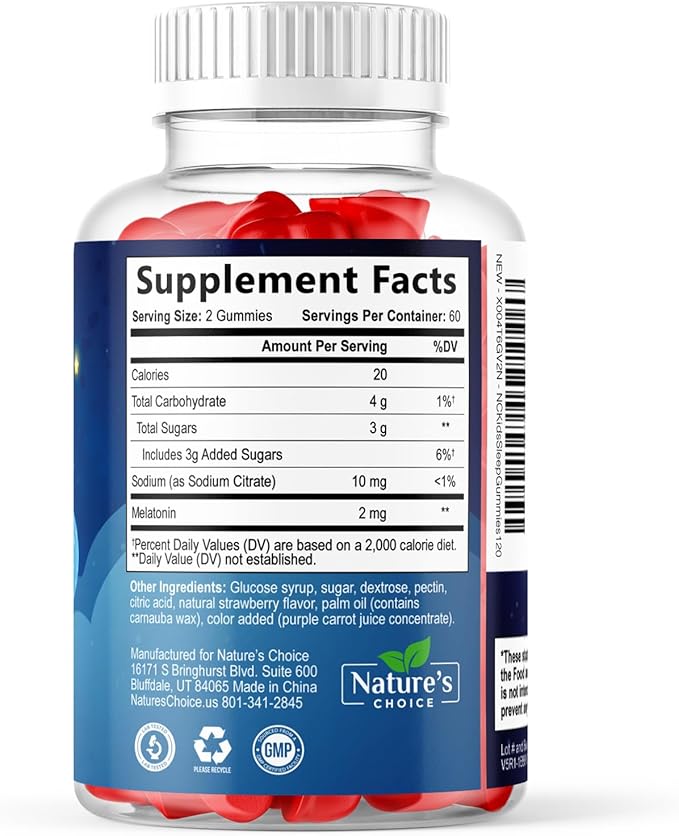 Nature's Choice Kids Sleep Gummies - 2mg Melatonin Per Serving - Children's Sleep Gummy, Non-Habit Forming, Works with Natural Sleep Cycle, Calm & Drug-Free, Tasty Natural Berry Flavor, 120 Gummies
